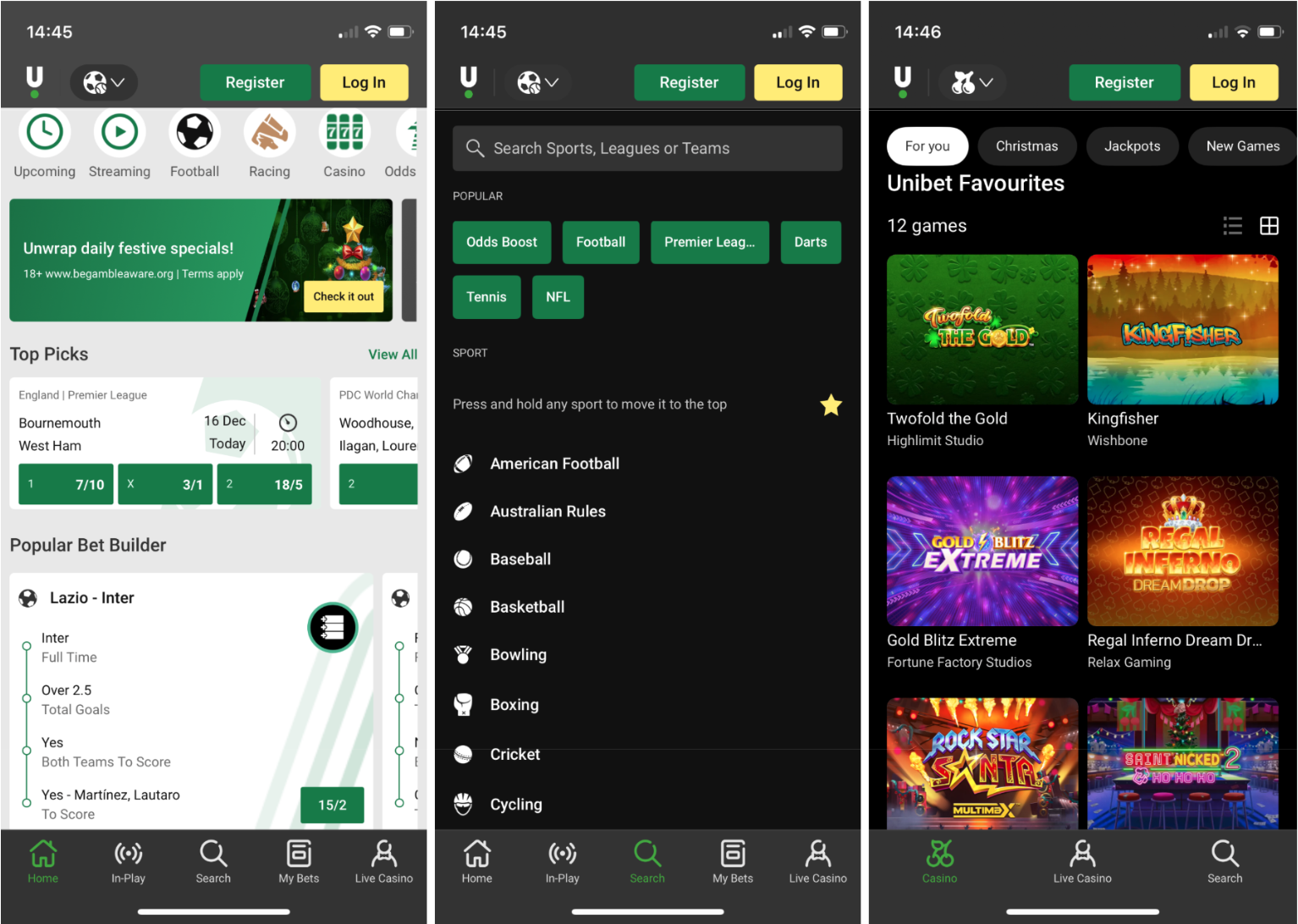 Unibet app screenshots, showing the homepage, all sports and search tool, and the casino section